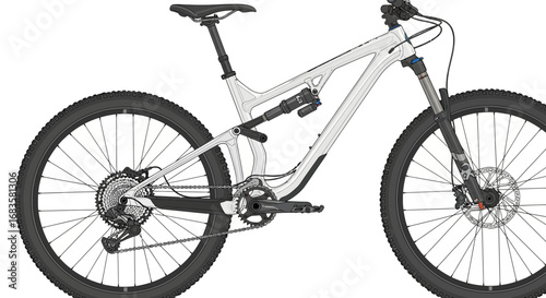 A modern white mountain bike, showcasing its frame, wheels, suspension, and components.