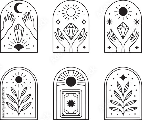 Celestial and Mystical Arc Symbols with Hands and Crystals vector illustration