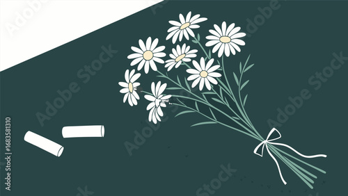 A bouquet of daisies with chalk on a dark surface, creating a still life composition