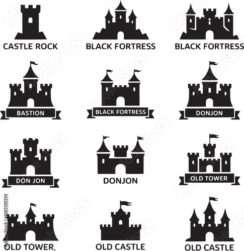 Castle Fortress Tower And Donjon Icons With Labels architecture