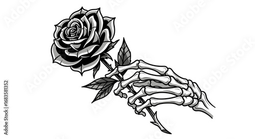 Illustration of a skeleton hand holding a rose with thorns on a white background.