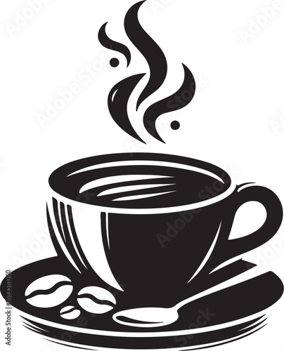 A steaming cup of coffee with beans and a spoon
