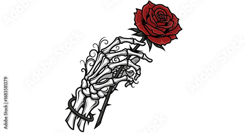 A skeleton hand holds a vibrant red rose, entwined with thorny vines, against a white background.