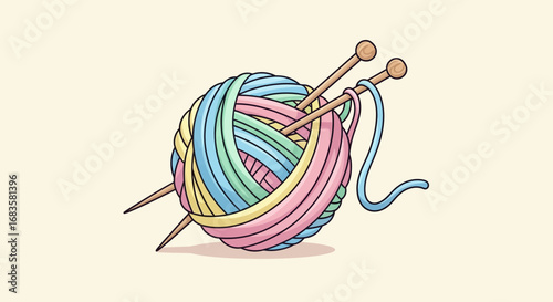 A colorful ball of yarn with knitting needles inserted, set against a light background.