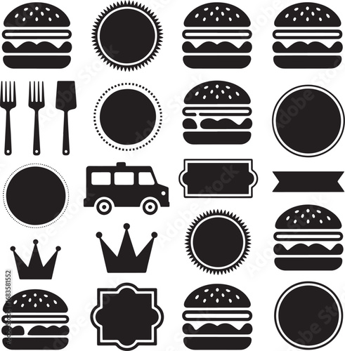 Collection of Black Silhouette Icons for Food and Design Elements hamburger burger