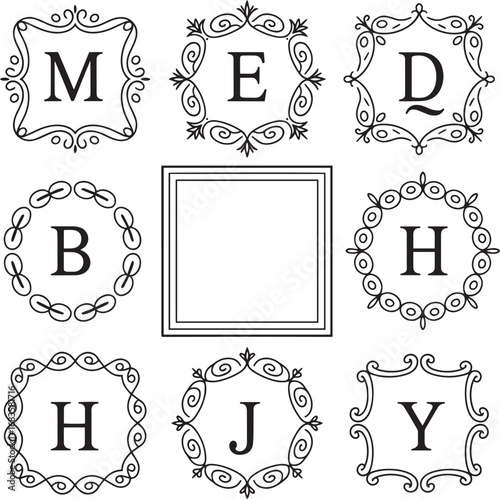 Decorative Monograms and Frames with Letters MEDBHJY alphabet initial