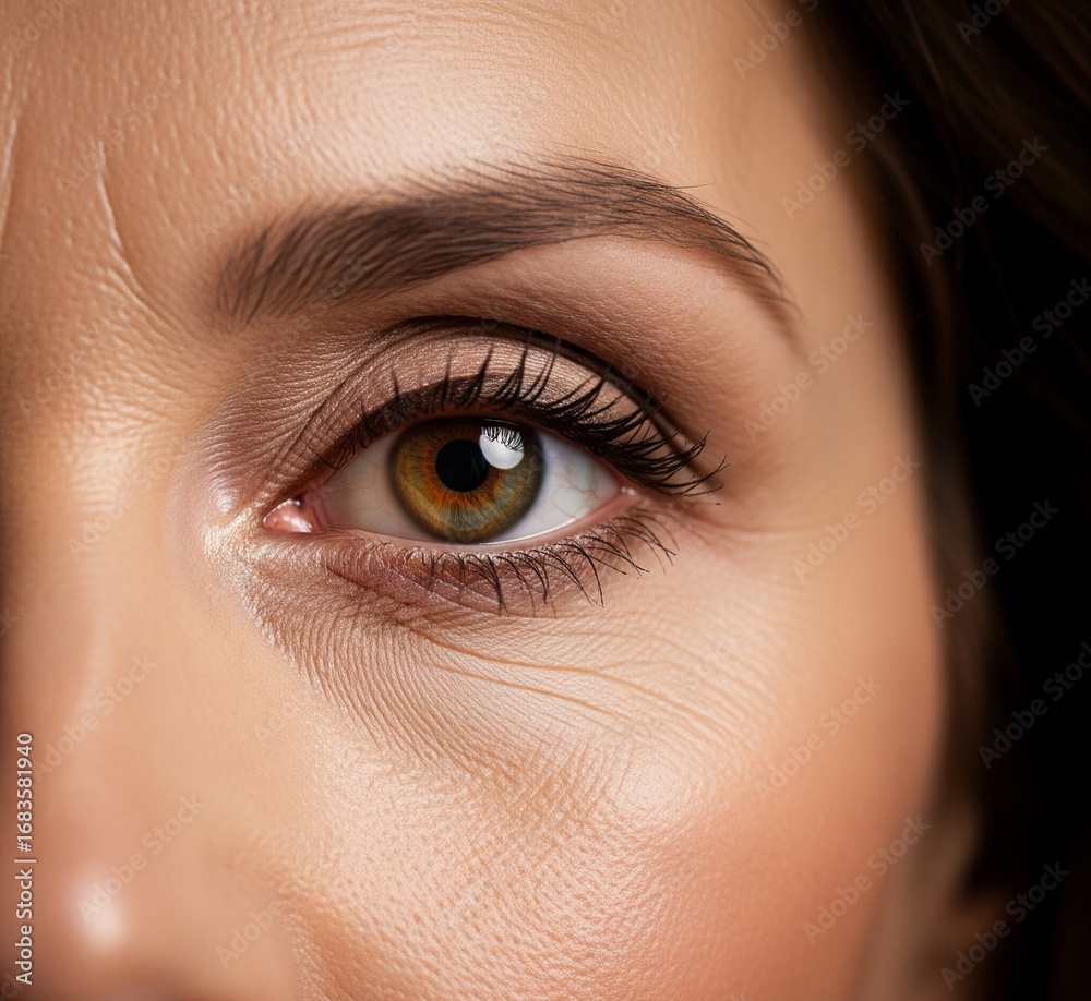 Fototapeta premium Close-up of mature womans eyes with soft makeup showing natural wrinkles and smooth skin against dark mode background