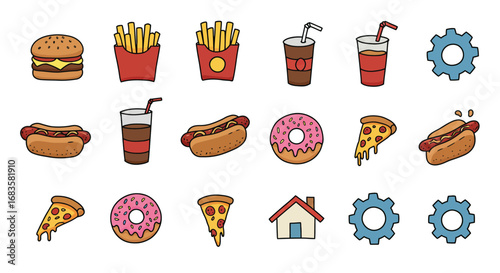 Vector illustration set of fast food icons including burger, fries, hotdog, pizza, donut, and soda. Perfect for restaurant menu, snack bar design, food delivery, and cartoon style graphics.