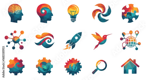 A collection of colorful abstract conceptual icons and logos representing ideas, technology, nature, and industry.