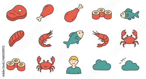 A collection of colorful cartoon icons depicting various food items like steak, chicken, fish, shrimp, crab, and sushi.