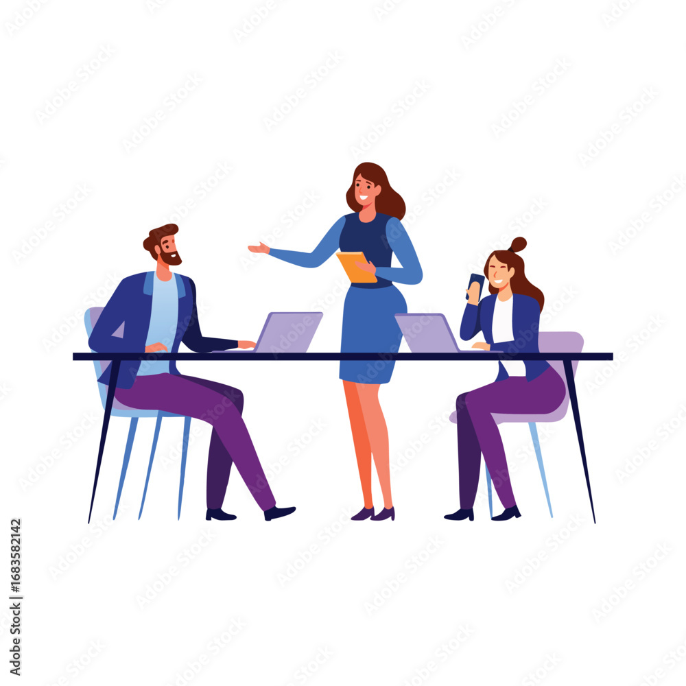 Obraz premium Business Meeting at Office illustration. A business team is meeting around a table. A leader is standing and giving a presentation.