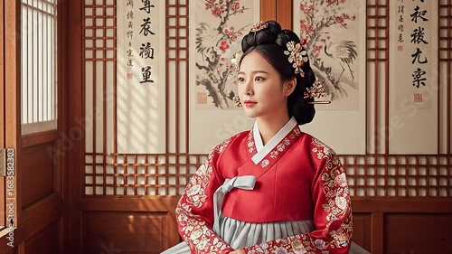 Beautiful Korean woman in traditional hanbok sitting by wooden window in hanok house.
Elegant Korean woman wearing hanbok inside traditional hanok with serene atmosphere.