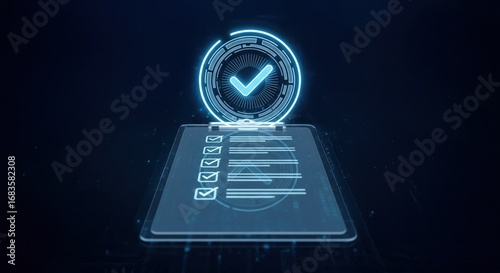 A futuristic glass clipboard with glowing blue checklist and badge in high tech digital space, policy documentation and compliance, terms and conditions, user agreement