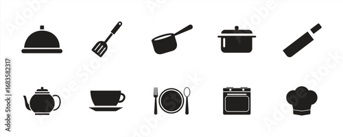 Cooking and Kitchen Utensils Icon Set – Vector Illustration of Cloche, Spatula, Saucepan, Pot, Knife, Teapot, Cup, Plate, Cutlery, Oven, and Chef Hat for Restaurant, Food, and Culinary Design