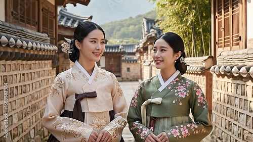 Two beautiful Korean women wearing traditional hanbok posing in historic hanok village.
Elegant Korean women in colorful hanbok walking through traditional Korean street.