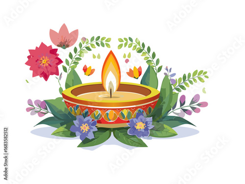 Decorative Diya Lamp with Colorful Flowers and Leaves, Traditional Festival Illustration