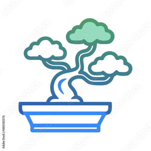 Vector art of stylized bonsai tree in a pot, a symbol of japanese art and zen gardens, showcasing a minimalist and colorful design
