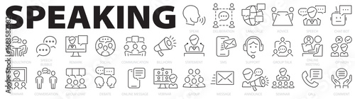 Speaking line icon set.  Communication icons. Speech bubble, talking, statement, discussion, debate, consultation, connection, message, seminar and more. Vector illustration