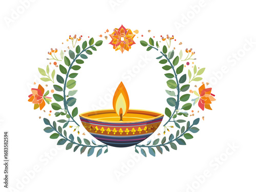 Traditional Indian Diya Lamp with Decorative Floral Wreath. Festive Oil Lamp Illustration for Diwali and Cultural Celebrations.
