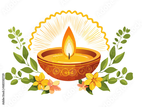 Decorative Diya Oil Lamp with Bright Flame, Botanical Elements, and Radiant Light