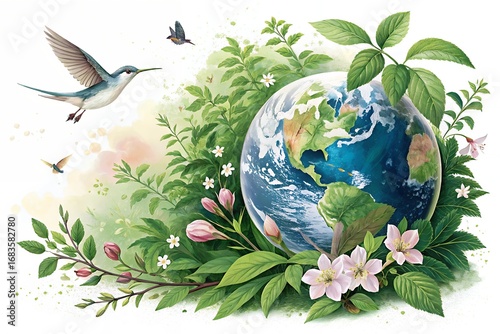 Hummingbird and earth surrounded by lush green foliage and flowers