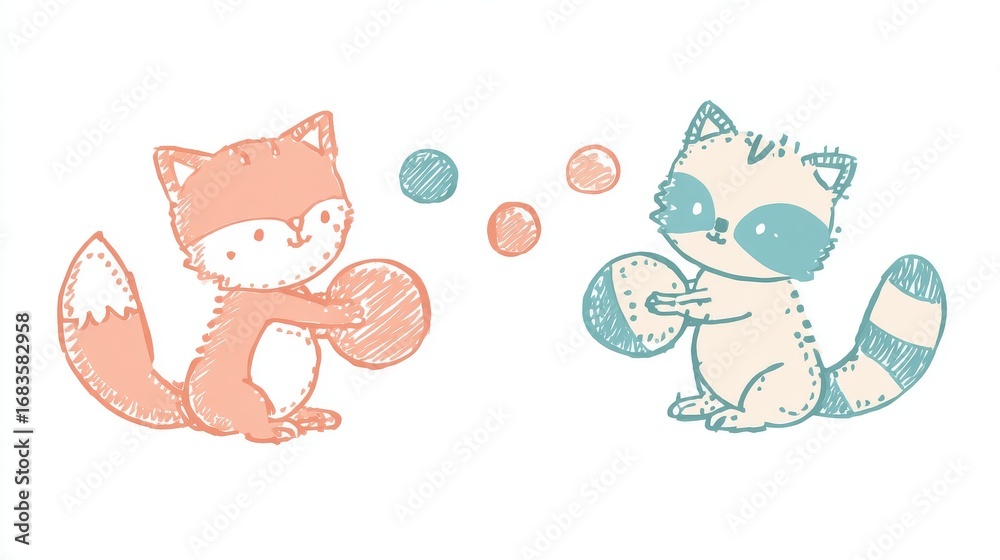 Obraz premium Cartoon fox and raccoon playing with ball, pastel colors and rounded shapes, cheerful child-friendly book style illustration.