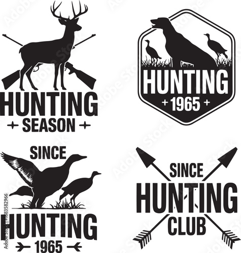 Four Hunting Season And Club Emblems With Deer Ducks And Dogs vector illustration