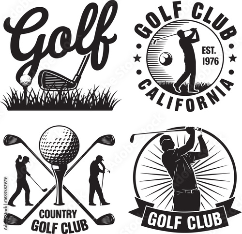Four Golf Club Emblems With Golfers Clubs Balls And Grass golf ball