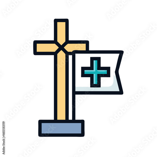 Illustration of a christian cross and flag, symbolizing faith, religion, and spirituality