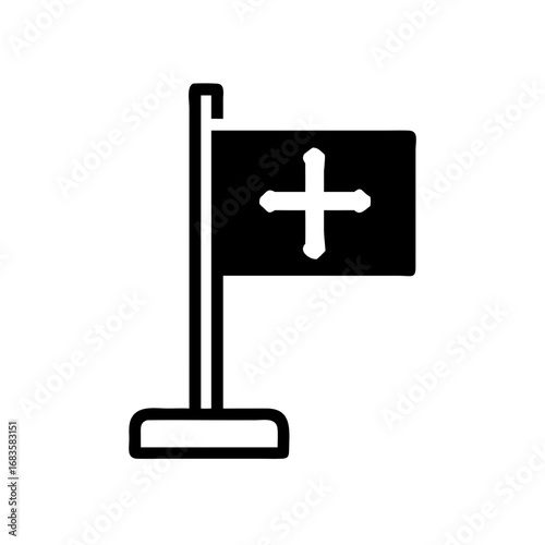 Vector art of a simple black and white illustration of a christian flag with a cross, representing faith and religious belief