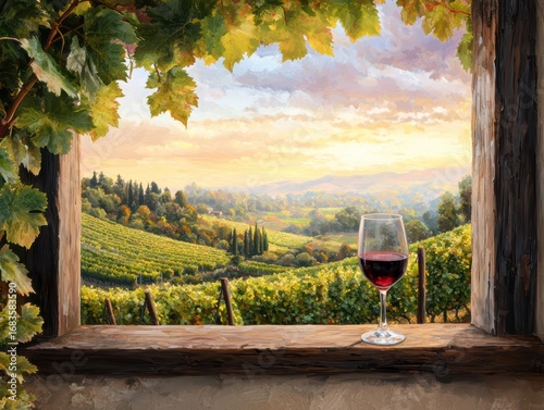 Wallpaper Mural Beautiful Vineyard Landscape with Red Wine Glass at Sunset Torontodigital.ca