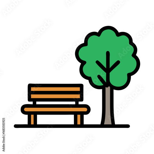 Illustration of a wooden bench near a tree in a park, perfect for relaxation and enjoying nature