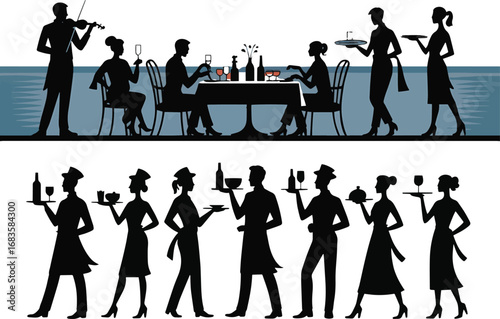 Silhouette figures dining and serving in a restaurant setting waiter waitress