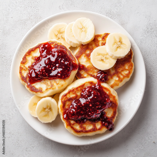 Delicious pancakes with raspberry jam and banana slices are served on white plate for breakfast
