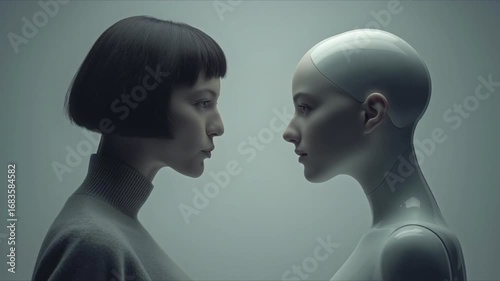 人間とアンドロイドが対峙する未来的なシーン「生成AI」