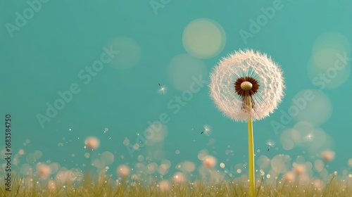 Delicate Dandelion Flower Against Soft Blue Background with Bokeh