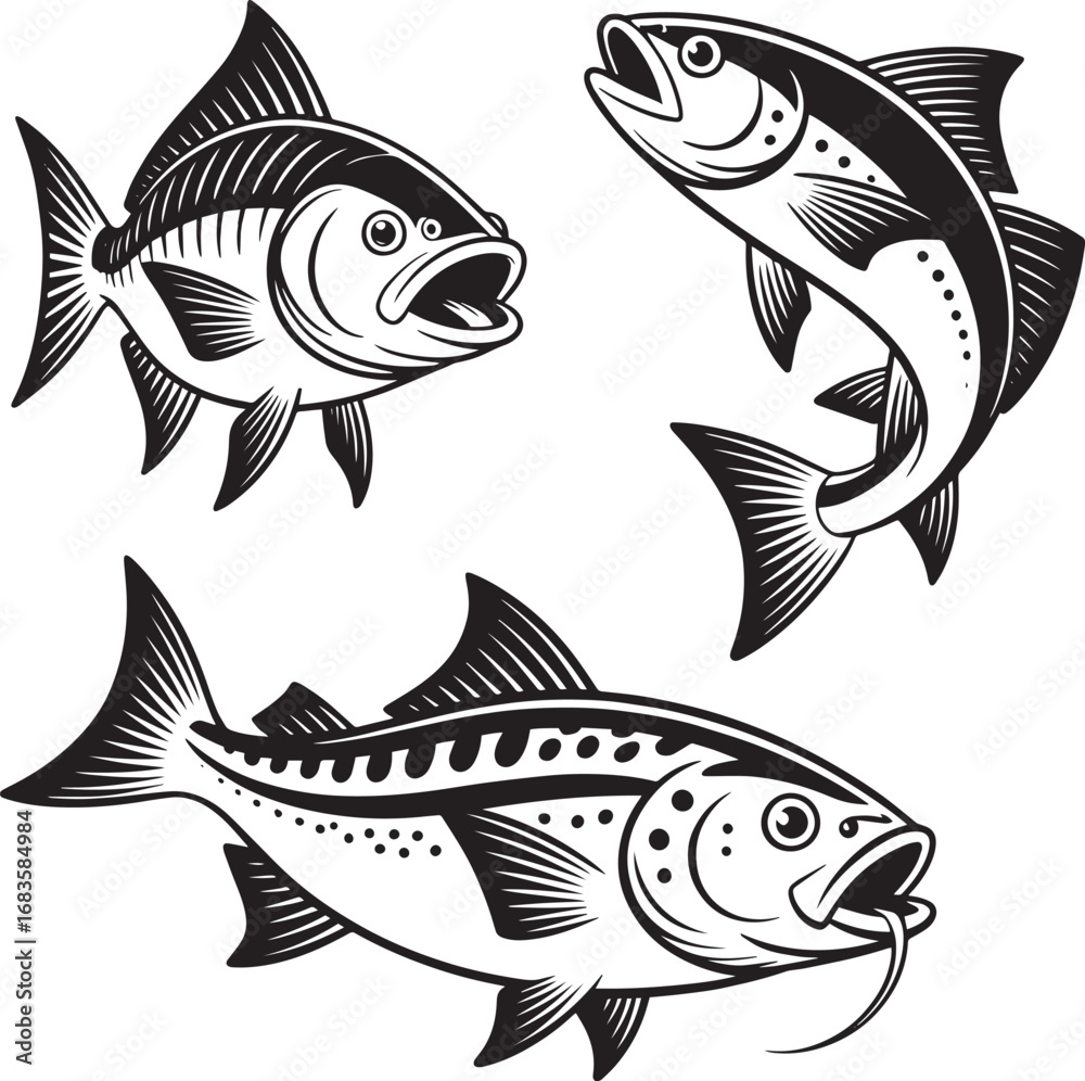 Fototapeta premium Stylized black and white illustrations of three fish seafood drawing