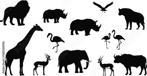 Set of African animal silhouettes including lion, elephant, giraffe, rhino, flamingo, antelope, buffalo, eagle, hyena, wildlife vector illustration
