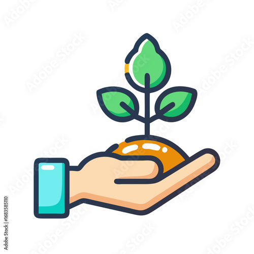 Vector art of hand holding a plant seedling, symbolizing growth, nature, and environmental care in a modern flat design