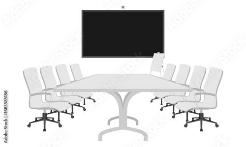 office chairs table monitor and white board, concept of meeting room, vector illustration isolated on white background.
