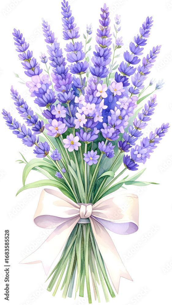 Fototapeta premium Bouquet of Lavender: A watercolor bouquet, with elegant sprigs of lavender, artfully bound with a delicate ribbon, exudes a sense of tranquility. Botanical for Wedding Invitation, Greeting Card,