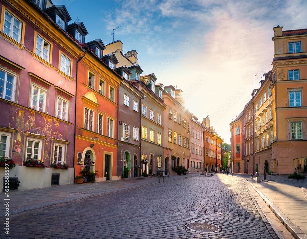 Fototapeta premium charming historical street with colorful buildings in afternoon sunlight warsaw poland
