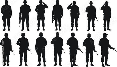Silhouette set of soldiers with rifles saluting, military army men illustration, defense forces vector, war security protection concept design