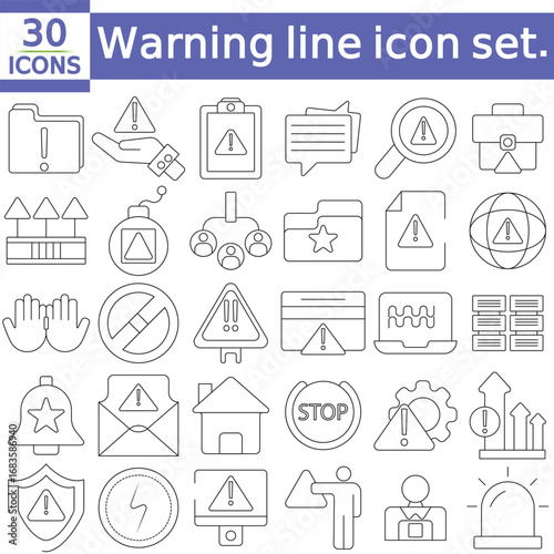  Warning line icon set. Contains icons related to Alert, caution, danger, error, and more. Linear icon collection.