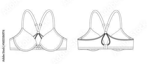 Racerback Sports Bra Technical Fashion Illustration, Bra Tech Pack Design with Front and Back Views, Vector Technical Sketch of a Push-Up Bra.