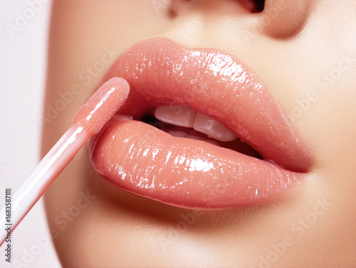 Woman applying lip gloss on full lips makeup closeup