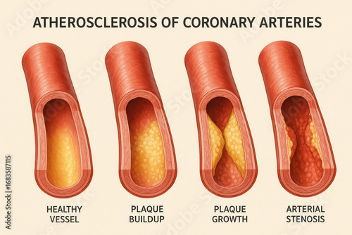 Atherosclerosis in Coronary Arteries: Progression of Plaque Buildup, Illustration