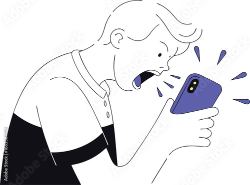Man yelling at purple smartphone shouting angry frustrated