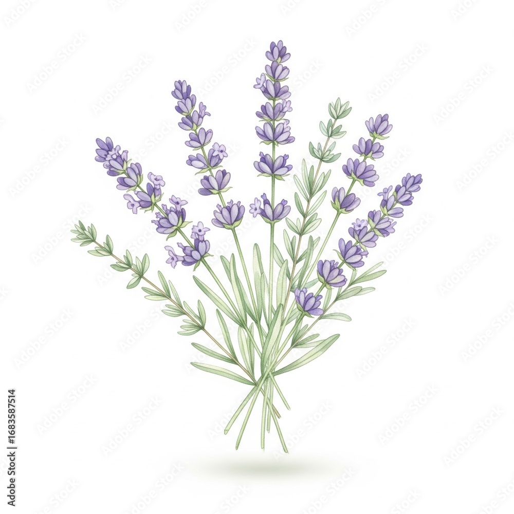 Obraz premium A detailed illustration of a lavender bouquet, showcasing its beautiful purple flowers and green stems, symbolizing tranquility and nature.