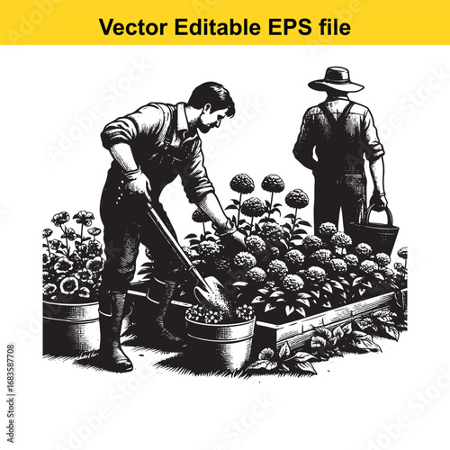 Two gardeners working in a garden planting flowers, vector illustration